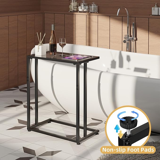 Simple Trending C Table Tempered Glass End Table, Couch Side Table, Snack Sidetable with Metal Frame, TV Tray Table for Small Space, Sofa Couch and Bed Side Table, Black
