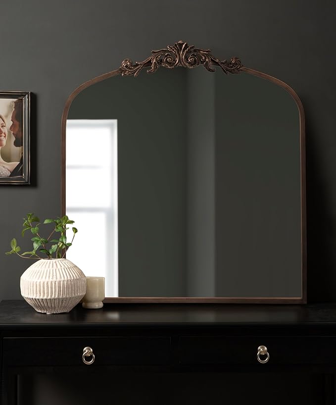 Kate and Laurel Arendahl Ornate Traditional Square Arched Mirror; 28 x 30; Bronze; Decorative Baroque Style Vintage Arch Mirror with Wide Frame and Ornamental Crown