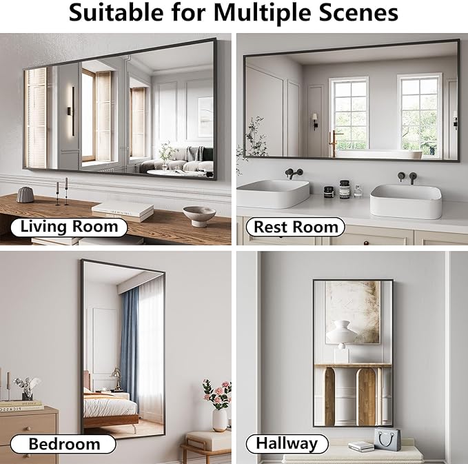 Koonmi Bathroom Mirror 30x55 Black Bathroom Wall-Mounted Mirrors, Modern Vanity Mirror for Bedroom, Living Room, Aluminum Alloy Frame Allow to Hang Horizontally or Vertically