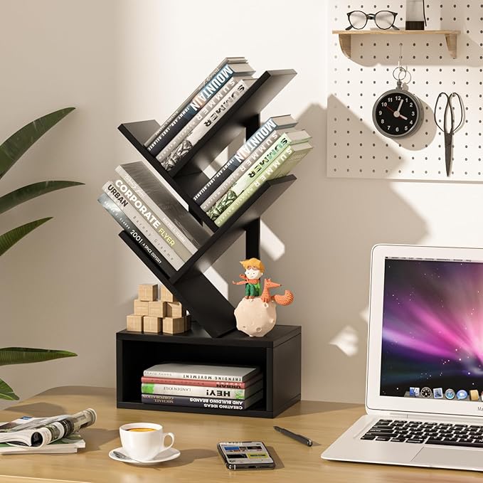Small Tree Book Shelf,5 Tier Black Tree Bookshelf,Black Desktop Bookcase,Modern Desk Display Storage Bookshelves,Floor Standing Organizer Bookcases for Living Room,Bedroom,Office