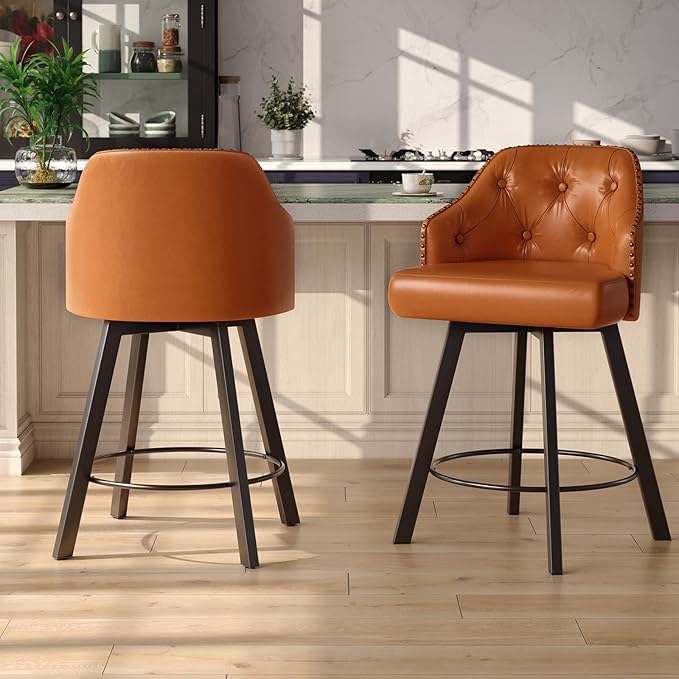 Tatub 26“ Brown Swivel Bar Stools Set of 2, Counter Height Bar Stools with Back, Upholstered Faux Leather Kitchen Barstools Counter Height for Kitchen Island
