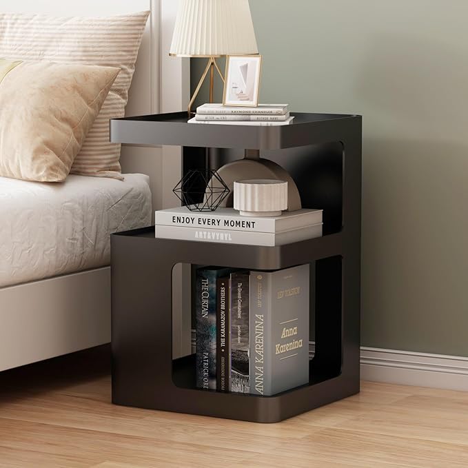 Black Modern Side Table, 3-Tier Metal NightStand with Storage, End Table Living Room, Small Night Stand for Bedroom, Bedside Table for Small Space, No Assembly Required