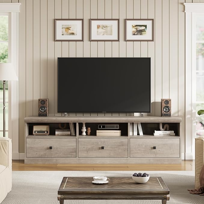 GarveeHome TV Stand for 65/70/75 Inch TV, Entertainment Center with Storage Drawer, Mid-Century Modern TV Console with Open Shelves, 70in Media TV Cabinet for Living Room, Bedroom, Gray