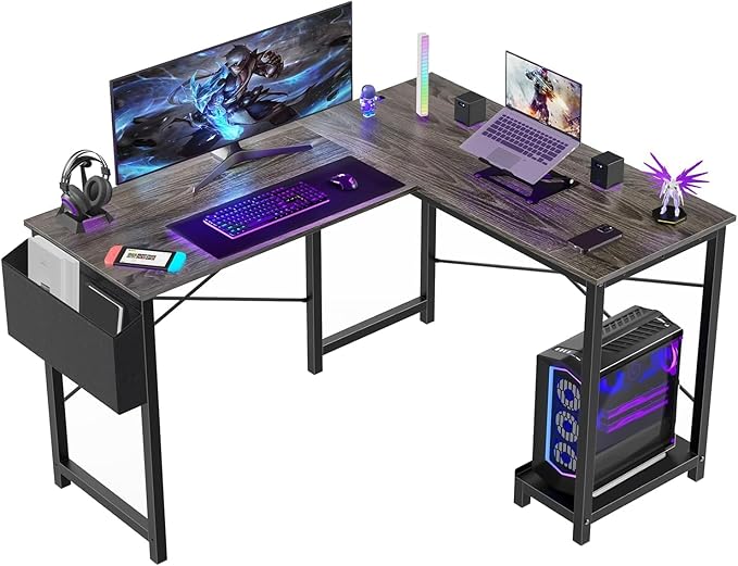 Whitmor L Shaped Gaming Desk - 50 Inch Reversible Corner Computer Desk with Wood Top, Metal Frame, CPU Stand & Side Bag, Home Office Dorm Sturdy Writing Workstation, Grey