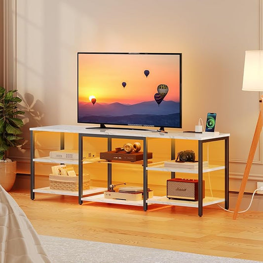 HOOBRO LED TV Stand for 65 Inch TVs with Charging Station, Gaming Entertainment Center with 3-Tier Open Storage, Long Media TV Console Table, TV Stand for Living Room, Bedroom, Marble White BM20UDDS01