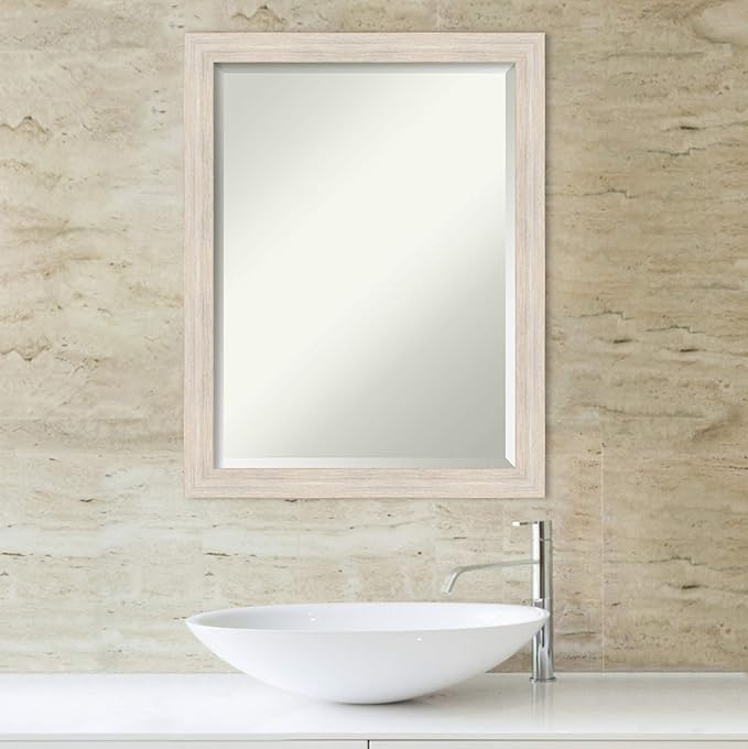 Amanti Art White Bathroom Mirror for Over Sink, 27x21 Hardwood White Wash Narrow Rectangle Vanity Mirror, Medium Rustic Farmhouse Wood Frame, Hangs Horizonally and Vertically, Bathroom Wall Decor