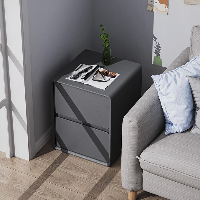 VICITON Modern Narrow Faux Leather Nightstand, Solid Wood Drawer, Storage Accent Table, Small Side End Table for Bedroom (Gray, Large(15.7inch))