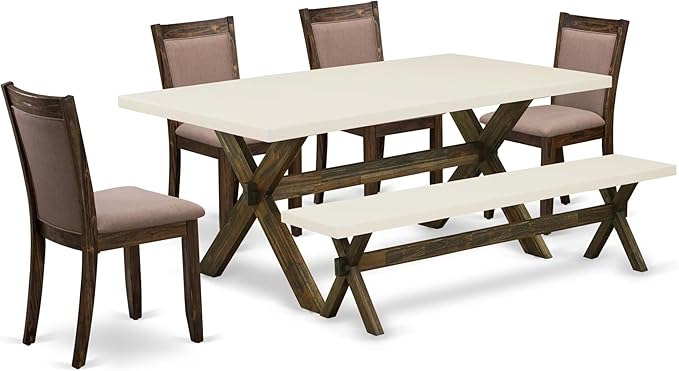 East West Furniture X727MZ748-6 6 Piece Dining Table Set Contains a Rectangle Kitchen Table with X-Legs and 4 Coffee Linen Fabric Upholstered Chairs with a Bench, 40x72 Inch, Multi-Color