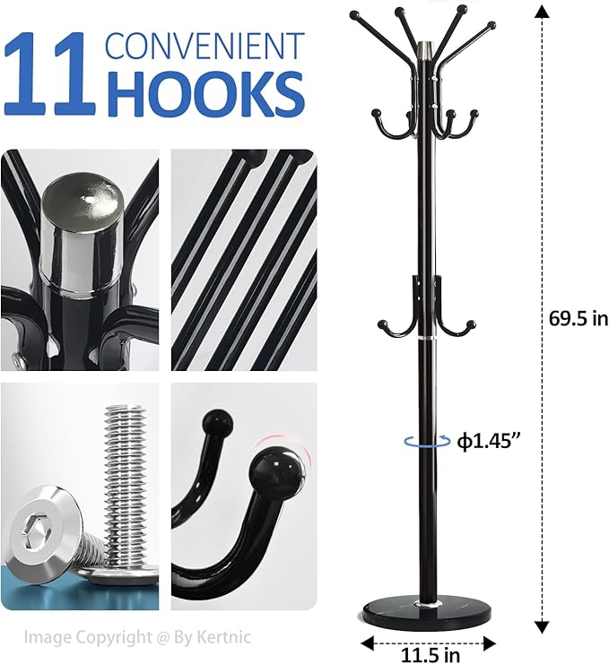 Kertnic Modern Coat Rack Freestanding with Natural Marble Base & Sturdy Metal Frame, 11 Hooks Hall Tree for Jackets, Hats, Bags, Entryway Organizer for Bedroom, Living Room, Closet (Black)