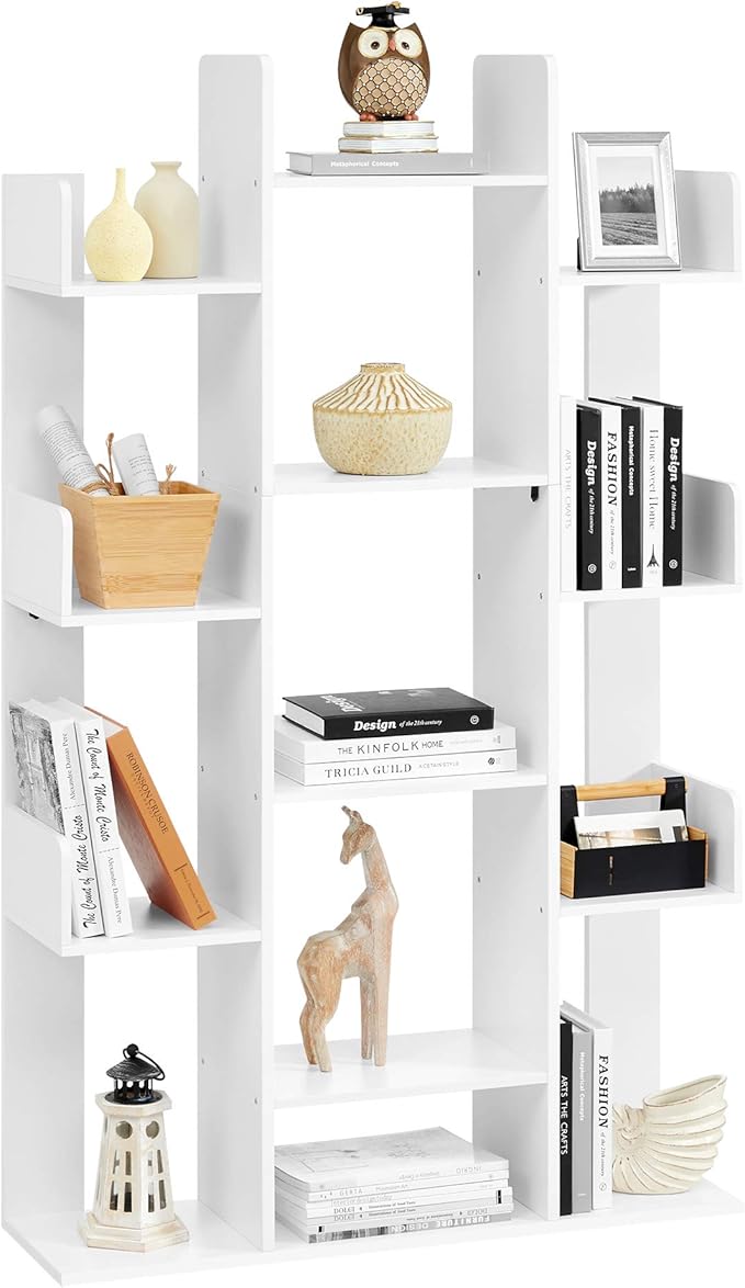 VASAGLE Bookshelf, Tree-Shaped Bookcase with 13 Storage Shelves, Rounded Corners, 9.8”D x 33.9”W x 55.1”H, White ULBC067W01