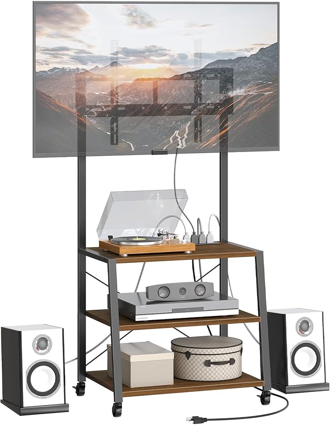 HOOBRO Rolling TV Stand with Mount and Power Outlet Up to 55 inch TV, Corner Entertainment Center, Small TV Stand with 3-Tier Storage Shelves for Living Room, Bedroom, Black and Walnut BH66UDS01