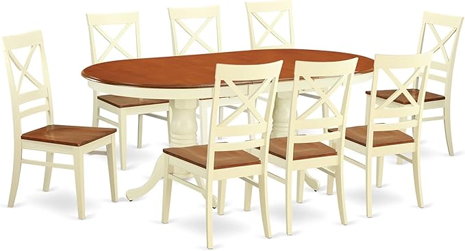 East West Furniture PLQU9-WHI-W 9 Piece Dining Room Furniture Set Includes an Oval Kitchen Table with Butterfly Leaf and 8 Dining Chairs, 42x78 Inch, Buttermilk & Cherry
