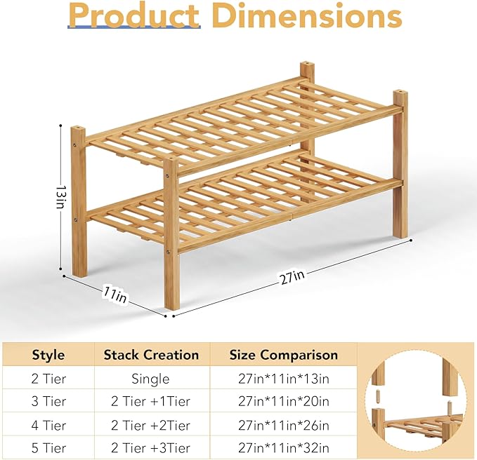 Haddockway 2 Tier Bamboo Shoe Rack Storage Organizer, Multifunctional Free Standing Stackable Shoe Shelf with Grid Panel for Closet,Hallway,Entryway,Small Space 27"x11"x13" (Natural, 2 Tier)