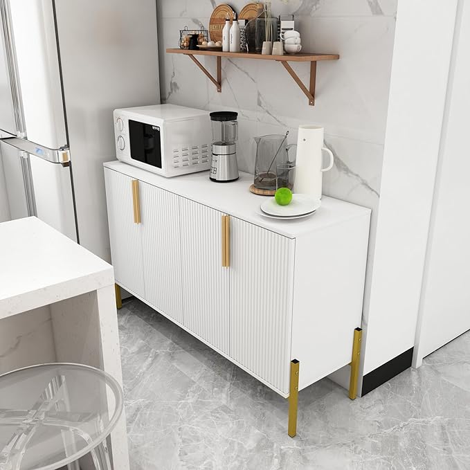 4 Doors Sideboard Buffet Cabinet with Adjustable Shelves,Modern Accent Sideboard with Golden Legs,Wide Storage Cabinet for Kitchen,Living Room,White