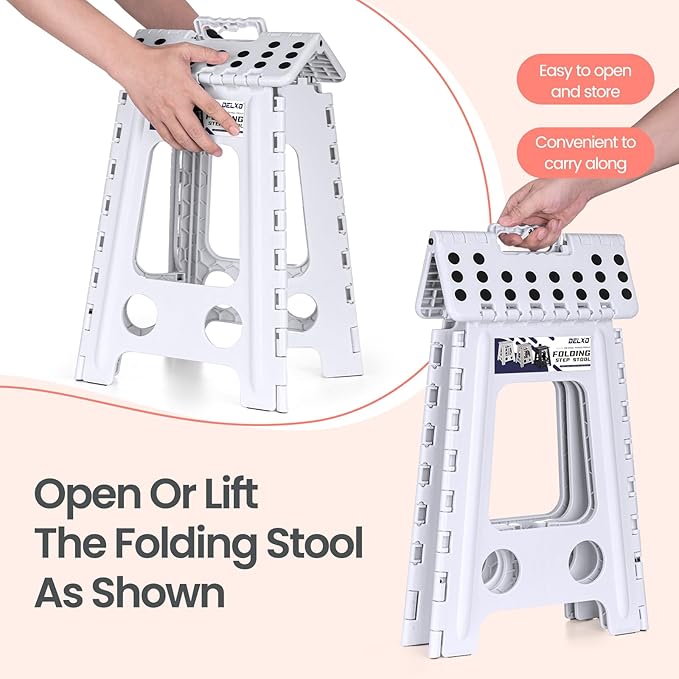 Delxo Folding Step Stool 17.5 Inch White Step Stools Foldable,Portable Collapsible Step Stool with Handle, Folding Stool for Kitchen Bathroom,Bedroom,Garden