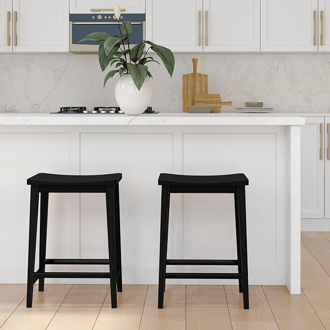 Plank+Beam Smythe Counter Stool, 24", Set of 2, Sturdy Wood Modern Kitchen Counter Height Stool, Saddle Seat Backless Counter Chair, Metal Footrest, Black