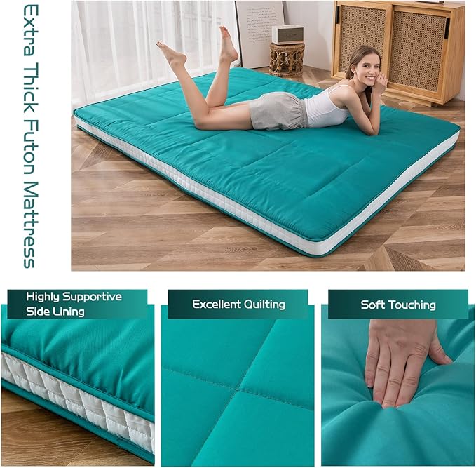MAXYOYO Futon Mattress, Padded Japanese Floor Mattress Quilted Bed Mattress Topper, Extra Thick Folding Sleeping Pad Breathable Floor Lounger Guest Bed for Camping Couch, Turquoise, Queen