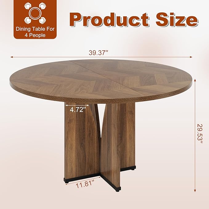 Round Dining Table for 4, 39 Inch Small Dinner Table Farmhouse Wooden Circle Kitchen Tables with Cross Base for Dining Room, Kitchen, Living Room, Brown