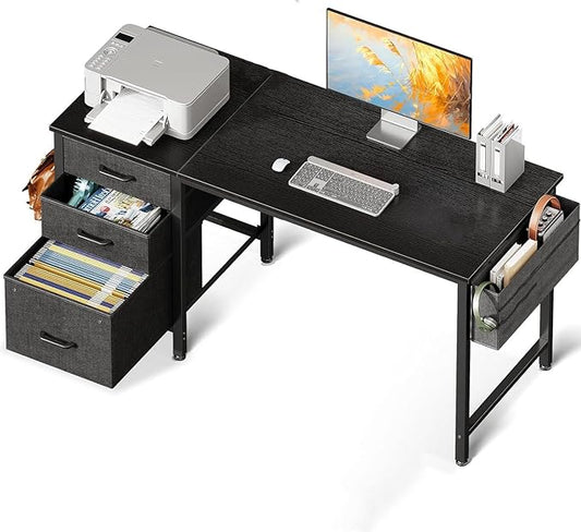 Casaottima 48" Small Computer Home Office Desk for Bedroom with Fabric Drawers & File Cabinet, Cloth Storage Bag and Hook, Writing Study Work Table for Small Space, Black