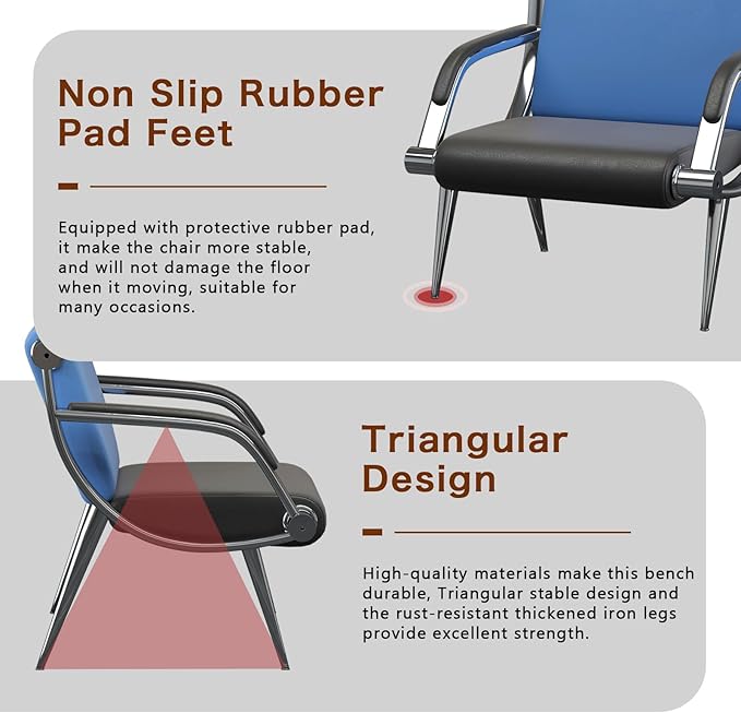 wonline 3 Seat Waiting Room Chair with Armrest PU Leather Office Furniture, Office Guest Seating Lobby Conference Reception Chairs for Airport Clinic Hospital Bank Salon Barber(Blue&Black)
