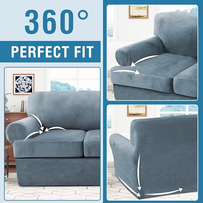 H.VERSAILTEX Sofa Cover 3 Piece Sofa Slipcovers Thick Velvet Couch Cover Furniture Protector Stretch Sofa Covers for 2 Cushion Couch with 2 Individual T Cushion Covers Washable, Stone Blue