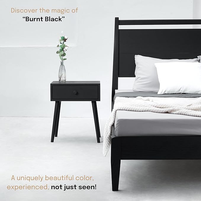 NTC Solid Oak Lux Nightstand with Drawer, Mid Century Modern Side Table Bedroom, Bedside Furniture, Night Stand, End Table, Easy Assembly - Burnt Black