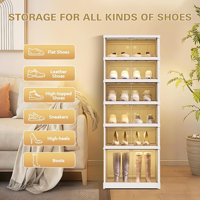 ELPHECO 6 Tier 12 Pairs Foldable Shoe Rack Shoe Organizer with Magnetic Doors, Entryway Folding Shoe Shelf, Easy Assembly Sneaker Cabinet, Plastic Shoe Storage Container Bins