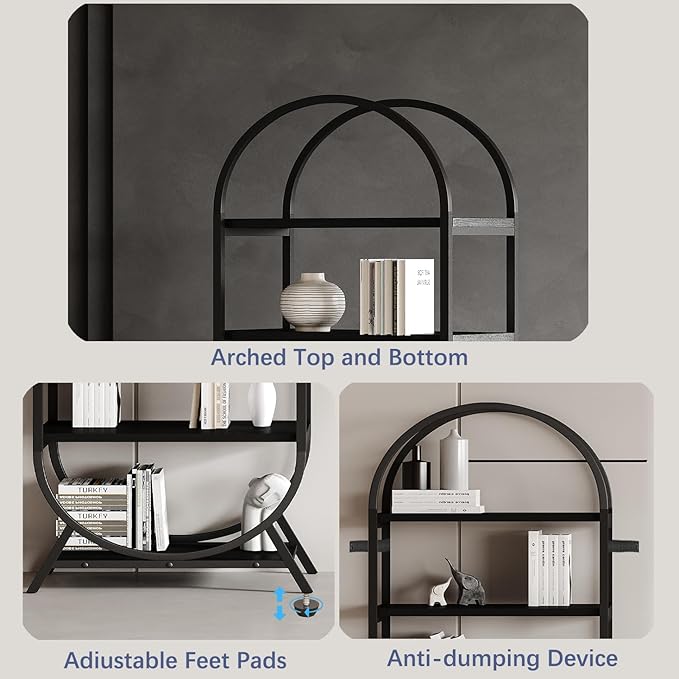 Bookshelf Arched Bookcase Set 2, 5 Tier Open Freestanding Display Shelf for Home Office, Living Room, Black