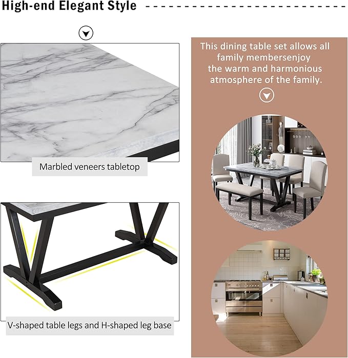 Ball & Cast 6 Piece Dining Table Set with 4 Chairs & 1 Bench,Living Room Furniture W/ 60" Rectangle Marbled Veneers Tabletop Kitchen Desk,for Restaurant,Home Bistro,White