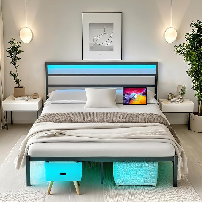 Queen Bed Frame with Headboard,Heavy Duty Steel Slats Support-LED Bed Frame with USB Charging Station,Mattress Foundation-Under Bed Storage,No Box Spring Needed,Noise Free，Black