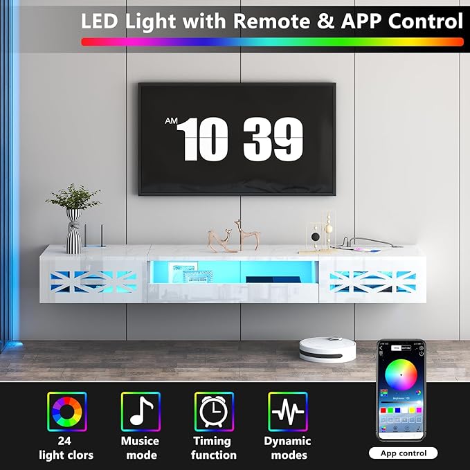 Floating TV Stand, 71" Floating Entertainment Center Wall Mounted,Floating Wall Mounted TV Shelf Modern High Gloss tv Cabinet Media Console with Storage