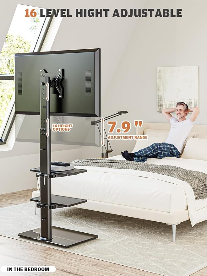 Universal Floor TV Stand with Mount for 19 to 43 inch Flat Screen TV, 100 Degree Swivel,Adjustable Height and Tilt Function, 3 Shelves Space Saving Standing TV Mount for Bedroom Living Room Corner