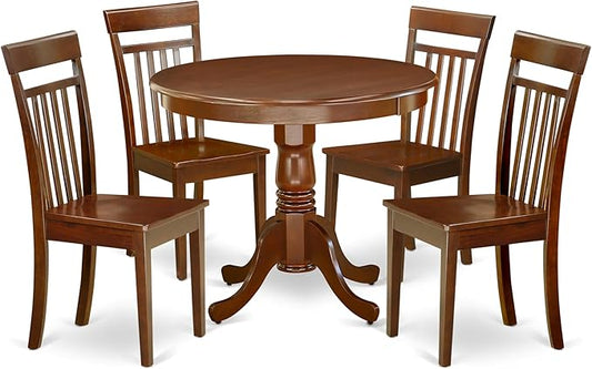 East West Furniture AANCA5-MAH-W 5 Piece Dining Room Table Set Includes a Round Kitchen Table with Pedestal and 4 Dining Chairs, 36x36 Inch, Mahogany