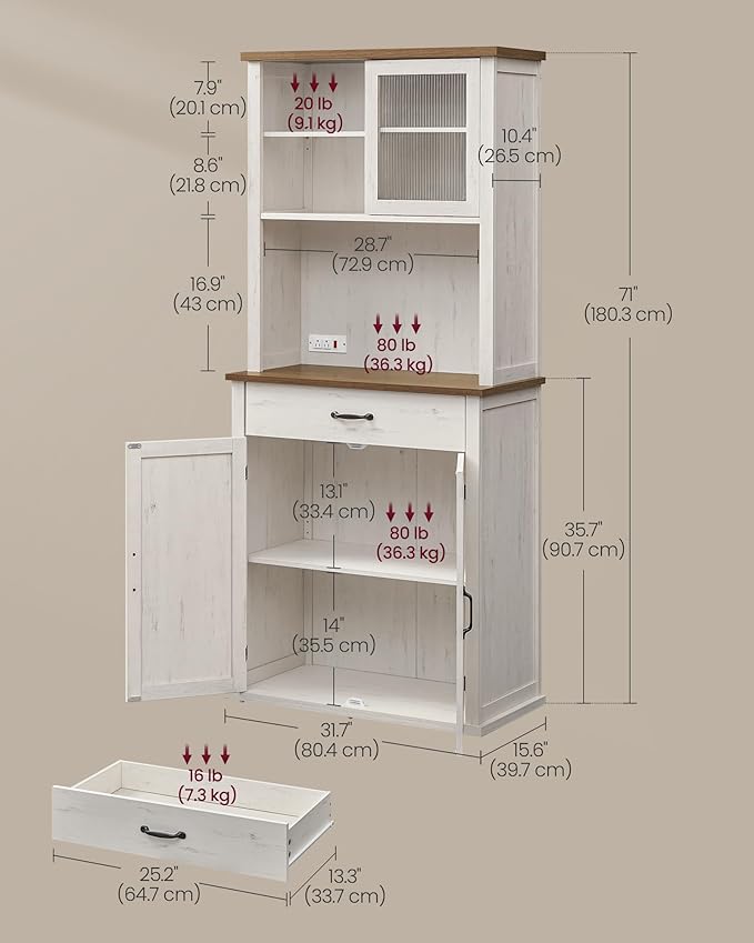 VASAGLE 71" Kitchen Pantry Cabinet with Lights and Charging Station, Coffee Bar Cabinet with Doors and Drawer, Farmhouse Style, Adjustable Shelves, Rustic White UBBK363W12