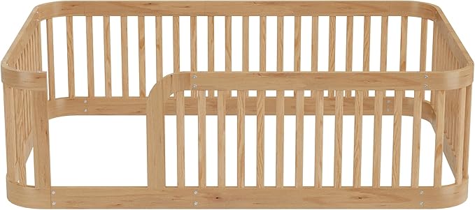 Full Floor Bed with High Fence and Rounded Corner Design, Montessori Floor Bed Frame with Guardrail and Entrance, Easy Assemble Montessori Beds Full Size, Natural