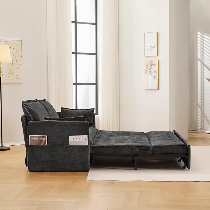 Furnimart 59.5" Queen Size Pull Out Sofa Bed, 3 in 1 Convertible Sleeper Bed with USB/C-Type Charging Ports & Side Pockets, Modern Futon Couch for Living Room, Apartment, RV, Chenille Black