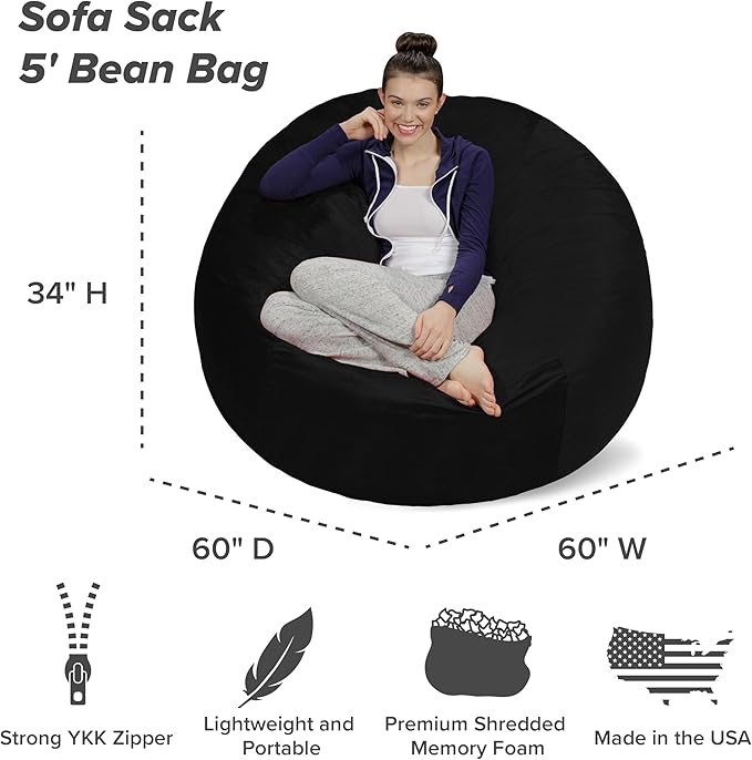 Sofa Sack Bean Bag Chair - Plush, Ultra Soft - Memory Foam Bean Bag Chair with Microsuede Cover - Stuffed Foam Filled Furniture and Accessories for Dorm Room 5 Feet - Black