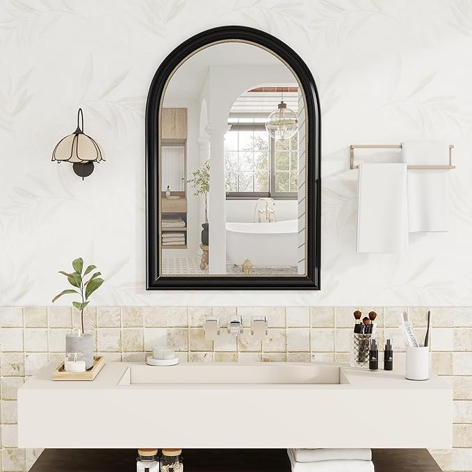 Axeman 32x48 Arched Wall Mirror, Decorative Bathroom Mirror, Traditional Vintage Wall Mounted Mirror with Beaded Frame for Accent Living Room Vanity Bedroom Entryway, Black