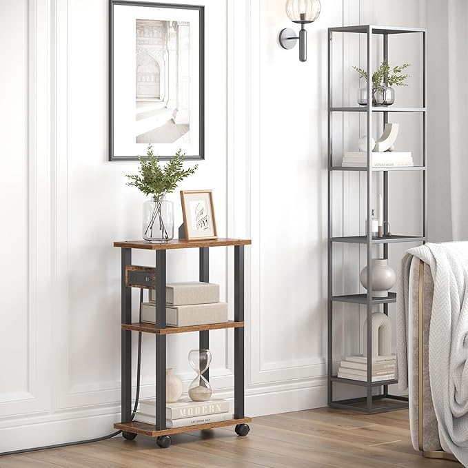 TUTOTAK Small Narrow Side Table with Charging Station, Set of 2 Skinny End Table for Small Spaces, Slim Nightstand with USB Ports and Outlet,Sofa Beside Table with Wheels, Brown TB01BB047