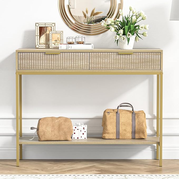 Anmytek Console Table with Storage, Wood Entryway Table with 2 Drawers, Narrow Long Sofa Table Hallway Foyer Table with Storage Shelves Behind Couch Table for Living Room, H0117