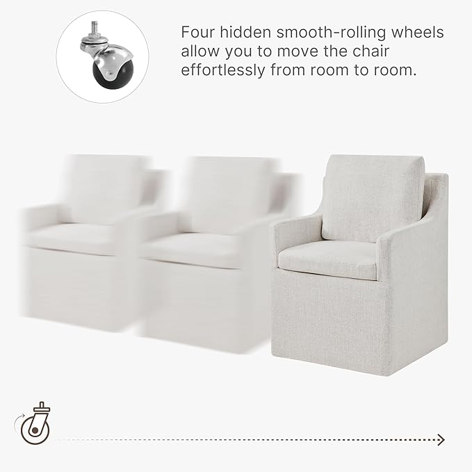 Upholstered Dining Chairs with Casters Easy Assembly Side Deskchair with Rollers for Diningroom, Living Room, Linen, 1 Box