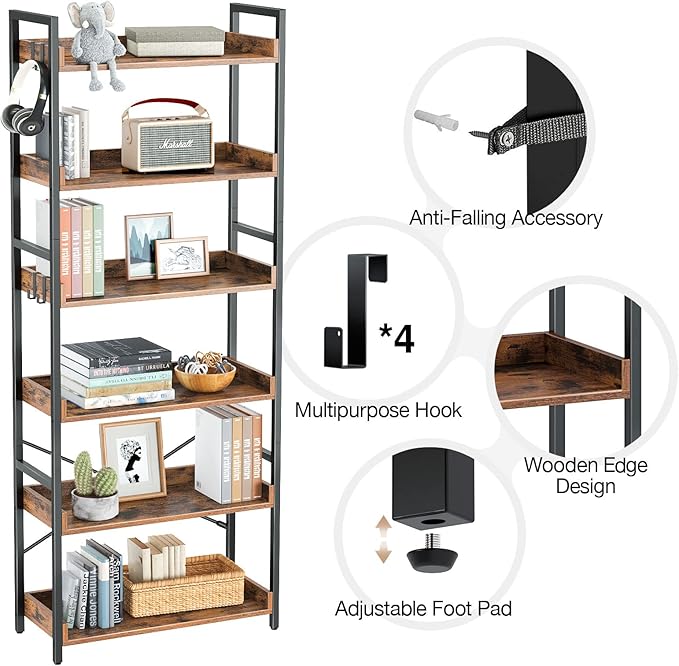 Rolanstar Bookshelf 6 Tier with 4 Hooks, Industrial Bookcase, Vintage Storage Rack with Open Shelves, Rustic Standing Bookshelves Metal Frame Display Rack for Living Room, Bedroom, Rustic Brown