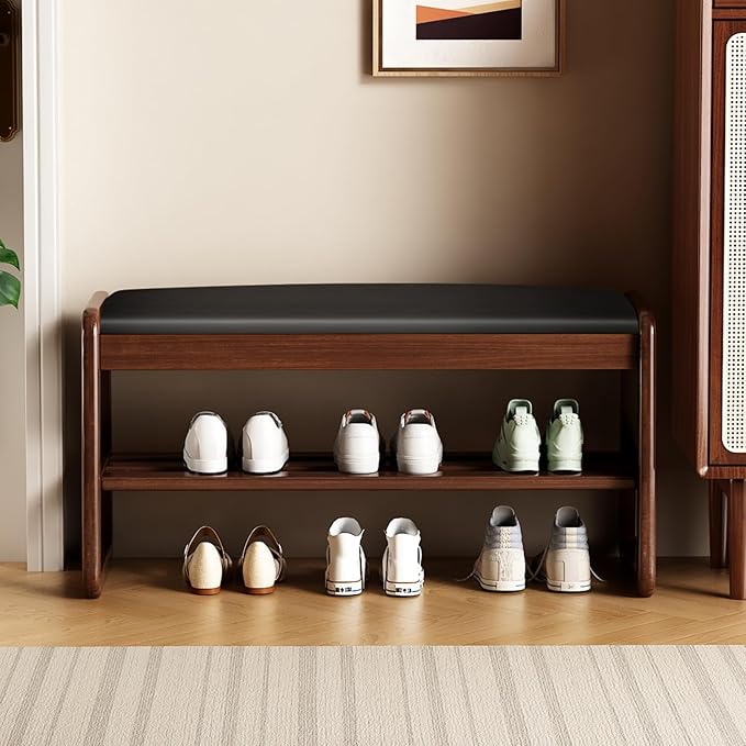 Wooden Shoe Storage Bench with Padded Top Cushion, Two-Tier Wooden Shoe Rack, Suitable for Bedrooms and Living Rooms, Black Walnut(31.5'')