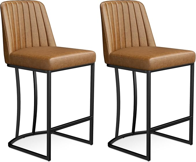 Counter Height Bar Stools Set of 6, Upholstered Leather Barrel Barstools with Back and Metal Legs for Kitchen Island, 27.4" Seat Height, Fabric in Faux Leather, Rustic Brown