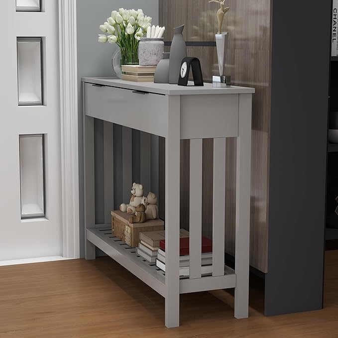 TaoHFE Entryway Table with Storage, Modern Sofa Table with Slatted Frame, Entry Way Table with Smooth Finish, Long Console Table for Hallway, Entryway, Living Room, Bathroom, Bedroom, Grey