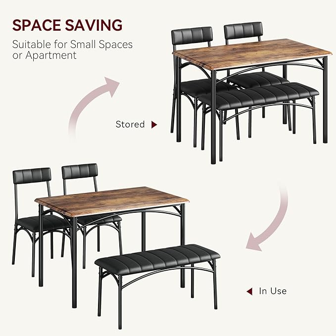 GAOMON Dining Table Set for 4 with Upholstered Bench and 2 Chairs, Rectangular Dining Room Table Set for 4 for Small Space, Apartment, Dinner, Rustic Brown