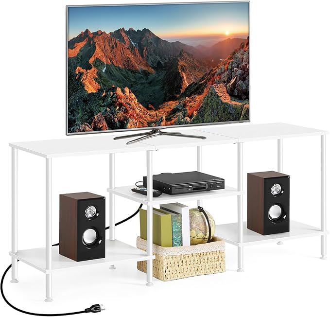 BTY White TV Stand with Storage, Wood Entertainment Center with Power Outlet, 3 Tier Small TV Table with Open Shleves for Living Room, Bedroom, Small Space, up to 50 inch TV