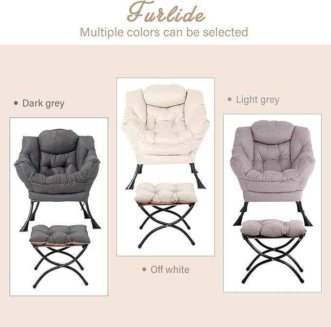 Lazy Chair with Ottoman, Modern Chair with Folding Footrest, Lounge Accent Chair, Comfortable Reading Chair, Oversized Armchairs for Bedroom, Study, Living Room, Courtyard (Beige)