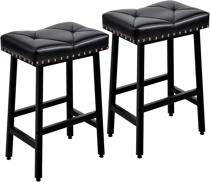VECELO 25 inch Counter Height Stools for Kitchen Island, 3.3'' Thick PU Upholstered Saddle Seats, Backless Bar Chairs with Metal Base, Black