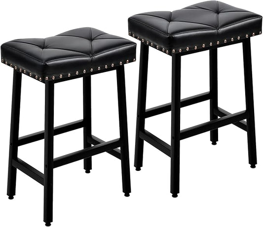 VECELO 25 inch Counter Height Stools for Kitchen Island, 3.3'' Thick PU Upholstered Saddle Seats, Backless Bar Chairs with Metal Base, Black